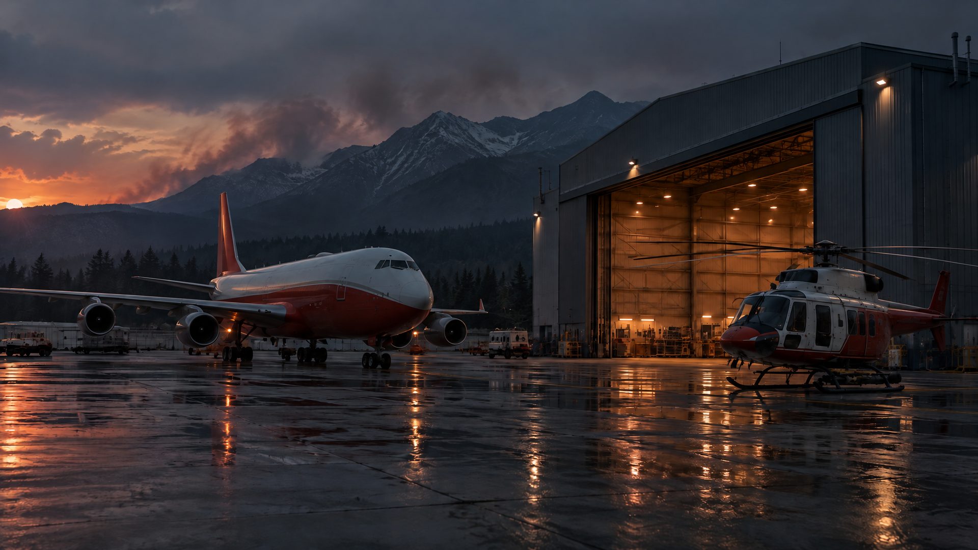 Engineered steel aircraft hangar at a Canadian airfield at dusk with an air tanker and firefighting helicopter on the apron